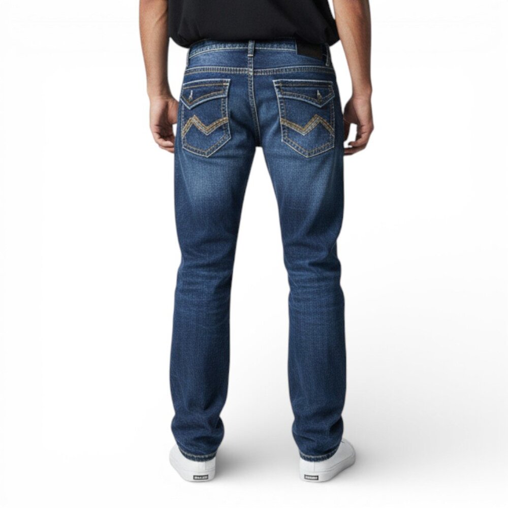 True Luck Straight Leg Jeans Dark Wash Denim Men's Size 34x30 Thick Stitch BKE